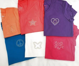 Hanes Girls Tee Shirt School Silver Gold Stud Bling Pocket XS/S/M/L/XL *PICK* - Picture 1 of 9