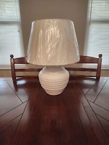 White Ceramic Table Lamp Contemporary Dotted Striped Lines NEW