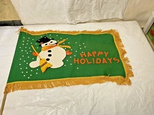 Vtg MCM Xmas Felt Frosty SNOWMAN Broom Banner Flag Wall Hanging Happy Holidays - Picture 1 of 6