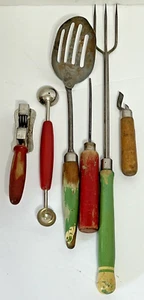Vintage Farmhouse Kitchen Utensils Lot of 6 W/ Red/Green Wood Handles EverSharp - Picture 1 of 23