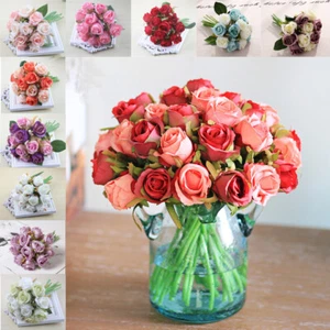 12 Head Silk Rose Flowers Floral Bridal Wedding Bouquet Home Party Decor - Picture 1 of 21