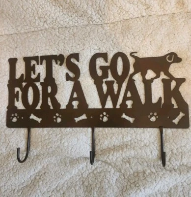 Soporte de correa de metal marrón oscuro 'Vamos a caminar' huesos de perro 3 ganchos Foto 1 de 3