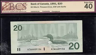 1991 Bank of Canada $20 Changeover - BC-58a-iii - BCS Graded Extra Fine 40 - Image 1 of 2