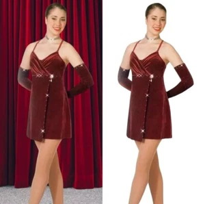 Lot of 8 Autumn Adult Small Dance Costume Burgundy Velvet Dress & Rhine Gloves - Picture 1 of 7