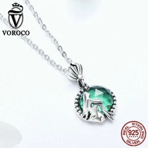 Voroco Mermaid's Love S925 Sterling Silver Charm Necklace Green CZ Jewelry Chain - Picture 1 of 12
