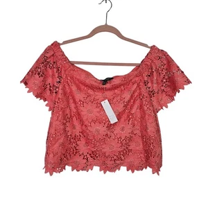 NWT WHITE HOUSE BLACK MARKET Off The Shoulder Lace Crop Top GELATO PINK size 14 - Picture 1 of 9