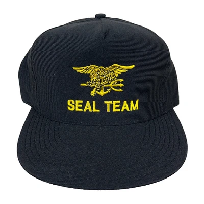 Boné Snapback Vintage US Navy SEAL Team Feito Nos EUA Preto Amarelo Militar Anos 90 - Imagem 1 de 4