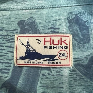HUK Angeln grün blau Fisch All Over Print Kurzarm Button Down Herren 2XL - Bild 1 von 7