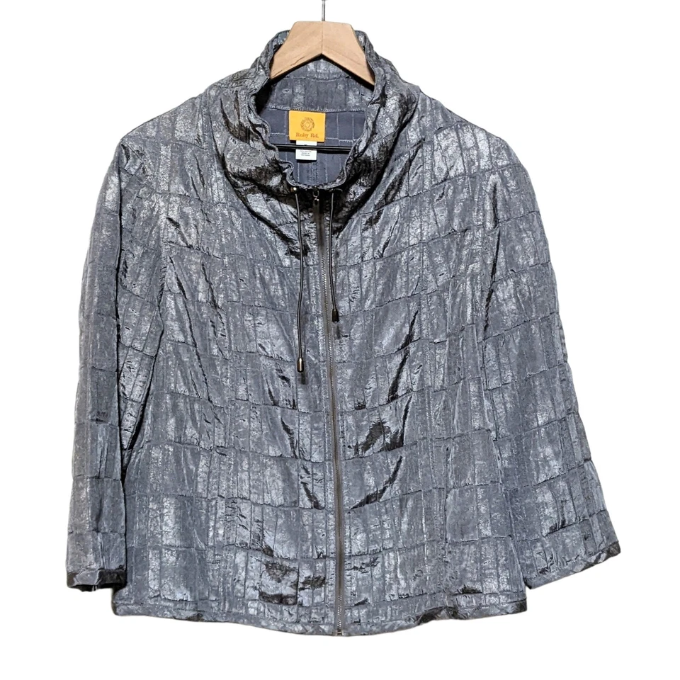 Ruby Rd. Womens Textured 3/4 Sleeve Full Zip Jacket Size 16 Silver Pockets - Image 1 of 3