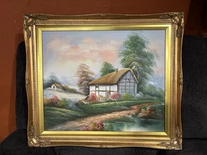 "Pintura al óleo vintage de paisaje de cabaña marco dorado firmada por T. Curtis 29X25""" - Imagen 1 de 19