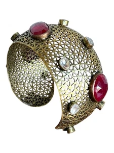 Vtg Statement Wide Cuff Gold Plate Mogul Byzantine Ruby Pink Sapphire Bracelet - Picture 1 of 9