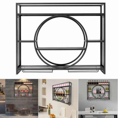 Wine Rack Wall Mounted Iron,Wine Shelf w/Bottle Stemware Glass Holder Industrial - Image 1 of 4