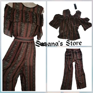 NWT BCBG MAXAZRIA Size L 2 Pieces Cold shoulder top and Wide Leg Pants Sheer Set - Picture 1 of 13