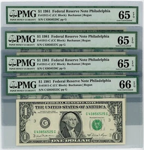 Fr. 1911-C $1 1981 FRN Philadelphia 4 Consec. 65EPQ-66EPQ PMG DC-1864 - Picture 1 of 2