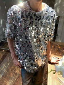 T-shirt maniche corte paillettes perle uomo costume estivo pullover casual top sciolto - Foto 1 di 27