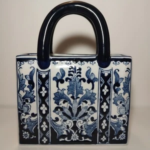 Purse Handbag Vase Floral Cobalt Blue and White Porcelain Home Decor 10" Tall - Picture 1 of 13