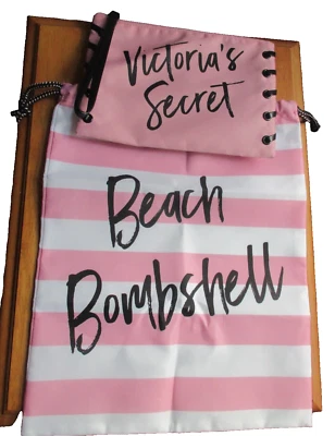 Victoria's Secret розовый/белый в полоску нейлона Cinch рюкзак и на молнии мешок весело!! - Изображение 1 из 4