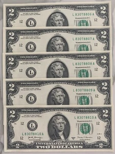 Lot of 5 Uncirculated Sequential Two Dollar Bills Consecutive Serial # CRISP $2 - Picture 1 of 5