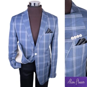 Alan Flusser Sport Coat Jacket Blazer Sz 44L Windowpane Linen / Cotton Blue EUC - Picture 1 of 14