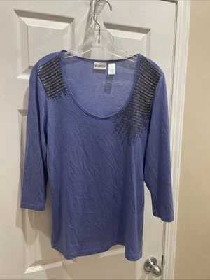 Chicos Womens Gorgeous Blue silver beaded Blouse Sz 1 3/4 Sleeve Pullover - Image 1 of 3