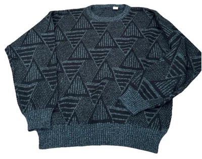 复古 80 年代 90 年代爷爷/爸爸/科斯比风格圆领毛衣几何图案 L 码 — 第 1/4 张图片