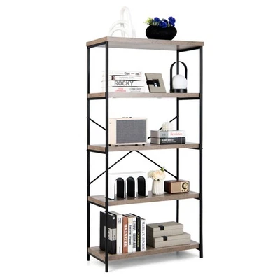 5-Tier Rustic Industrial Bookshelf Wood Display Storage Rack w/Metal Frame Grey - Image 1 of 4