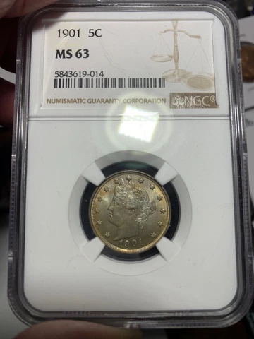 1901 Liberty Head Nickel NGC MS 63.  Well Struck Lustrous Example.  Nice Toning Cover