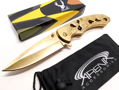 Gold Roses Spring Assist Flipper Pocket Knife Ladies Girls Womens EDC Blade Gift - Image 1 of 4