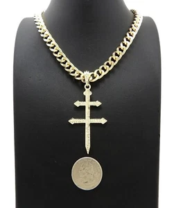 Hip Hop Cross of Lorraine Pendant 9mm 18",20" Cuban Chain Necklace RC4022 - Picture 1 of 12