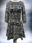 H&M Black White Drop Waist Partial Sleeve Southwestern Aztec Pattern Dress M
