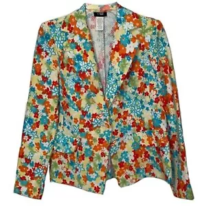 RQT Multicolor Floral Cotton Pique Blazer Jacket Womens Size 12 Vintage Blue - Picture 1 of 12