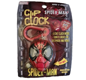 Vintage 2002 Marvel Tek Spider-Man Clip Clock Pocket Watch Warped Card Bag Charm - Picture 1 of 15