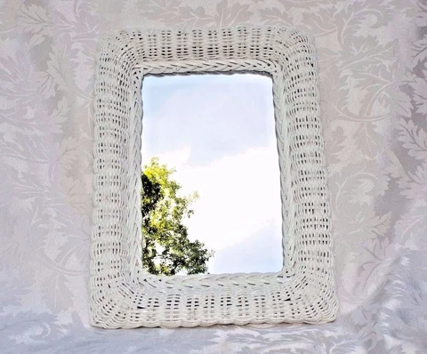 VINTAGE WHITE RECTANGLE WICKER MIRROR, Shabby Chic Cottage Wall Vanity Mirror Cover