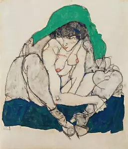 Crouching Woman with Green Head by Egon Schiele as HIQU Art Print on Canvas - Picture 1 of 2