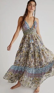 Free People Real Love Maxi Abito Boho Floreale con Spalline Rosa Luce diurna Combo XS - Foto 1 di 20