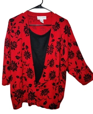 Cathy Daniels Vintage Red Black Faux Cardigan 3/4-Sleeve Floral Sweater 2X - Image 1 of 4