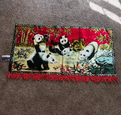 VTG Swan Velveteen Giant Panda Bears Chinese Nature Red Tapestry 39x20 Rare - Image 1 of 4