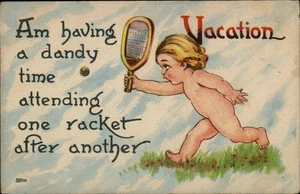 Vintage Vacation Postcard with Child Playing Tennis, 1918 - Picture 1 of 2
