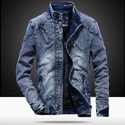 Vintage Denim Jackets Men Slim Fit Solid Casual Coat Stand Collar Outwear New - Image 1 of 4