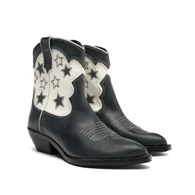 Zara Black White Leather Stars Western Cowboy Boots Womens EU 39 US 8 NEW - Image 1 of 4