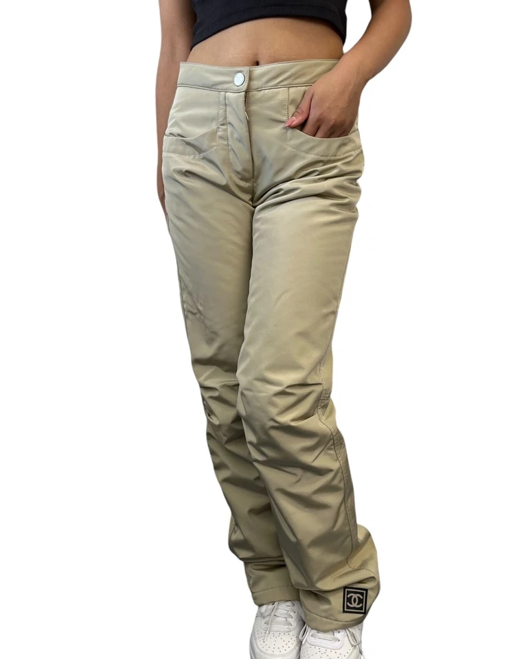 CHANEL Sport Vintage 02A CC Logo Pants #36 Snap Zip Beige Nylon Rank AB - Изображение 1 из 4