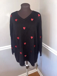 The Quacker Factory Plus Sz Heart Sweater Black Red Embroidered 2x - Picture 1 of 3