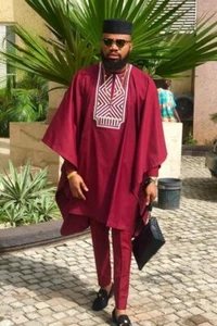 Burgundy African Groom Suit Agbada Babariga 3 Pcs Men's African Clothing Kaftan - Picture 1 of 3