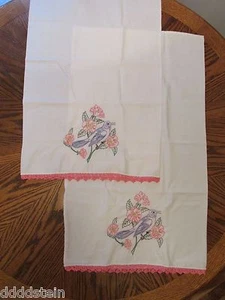 SET OF 2 HAND EMBROIDERED PILLOWCASES - 19 x 33 BLUE JAY & PINK FLOWERS - Picture 1 of 5
