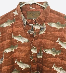 NORTH RIVER Fish Shirt Sz Large Rust Fisherman Long Sleeve Cotton Button Down - Picture 1 of 7