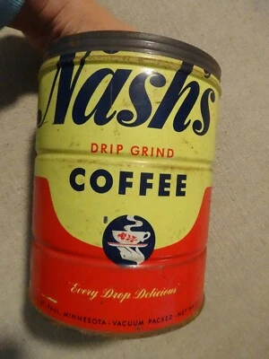 Vintage 50s MCM Coffee Can NASH'S Drip Grind COFFEE Metal Display 6 1/4" tall - Image 1 of 4