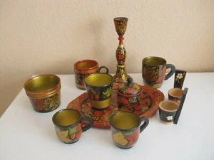 VTG~CCCR~KHOKHLOMA~11PC~WOOD TRAY/CANDLE HOLDER/CUPS~LIDDED BOWL/SALT&PEPPER HLD - Picture 1 of 11
