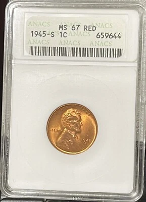 1945 S Lincoln Wheat Cent ANACS MS67 Bright Red Penny - Image 1 of 3