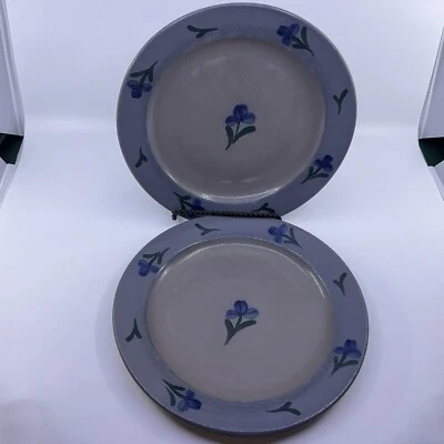 Set Of 2 Vintage Rowe Pottery Works Salt Glaze Blue Flower 10 1/2” Dinner Plate - Image 1 of 4