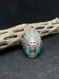 Navajo Chip-Inlay Türkis & Koralle Sterlingsilber Häuptling Kopf Ring Größe 12 - Bild 1 von 10